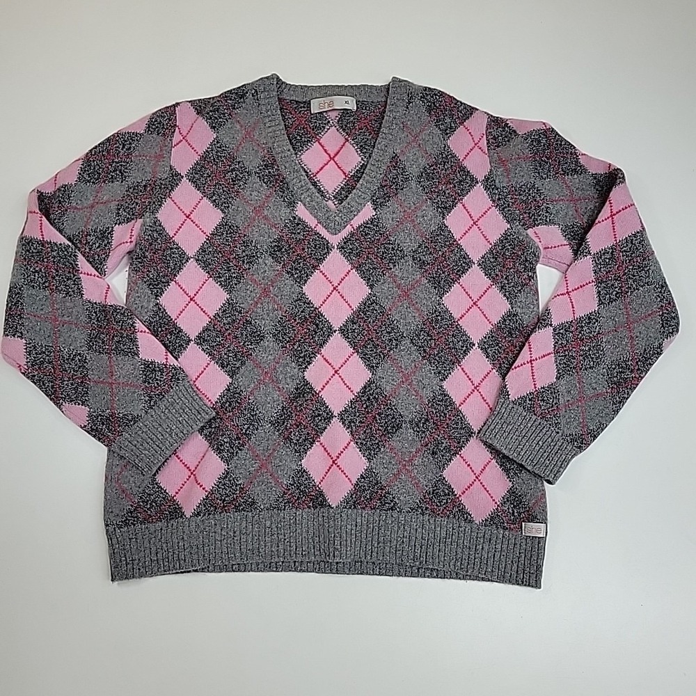 SHE Argyle Sweater 100% Wool VNeck Long Sleeve Pink Gray Sz XL Preppy Golf‎